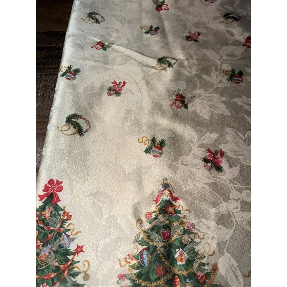 Vintage Christmas Tree Tablecloth Oblong Ivory Satin Holiday Festive 58